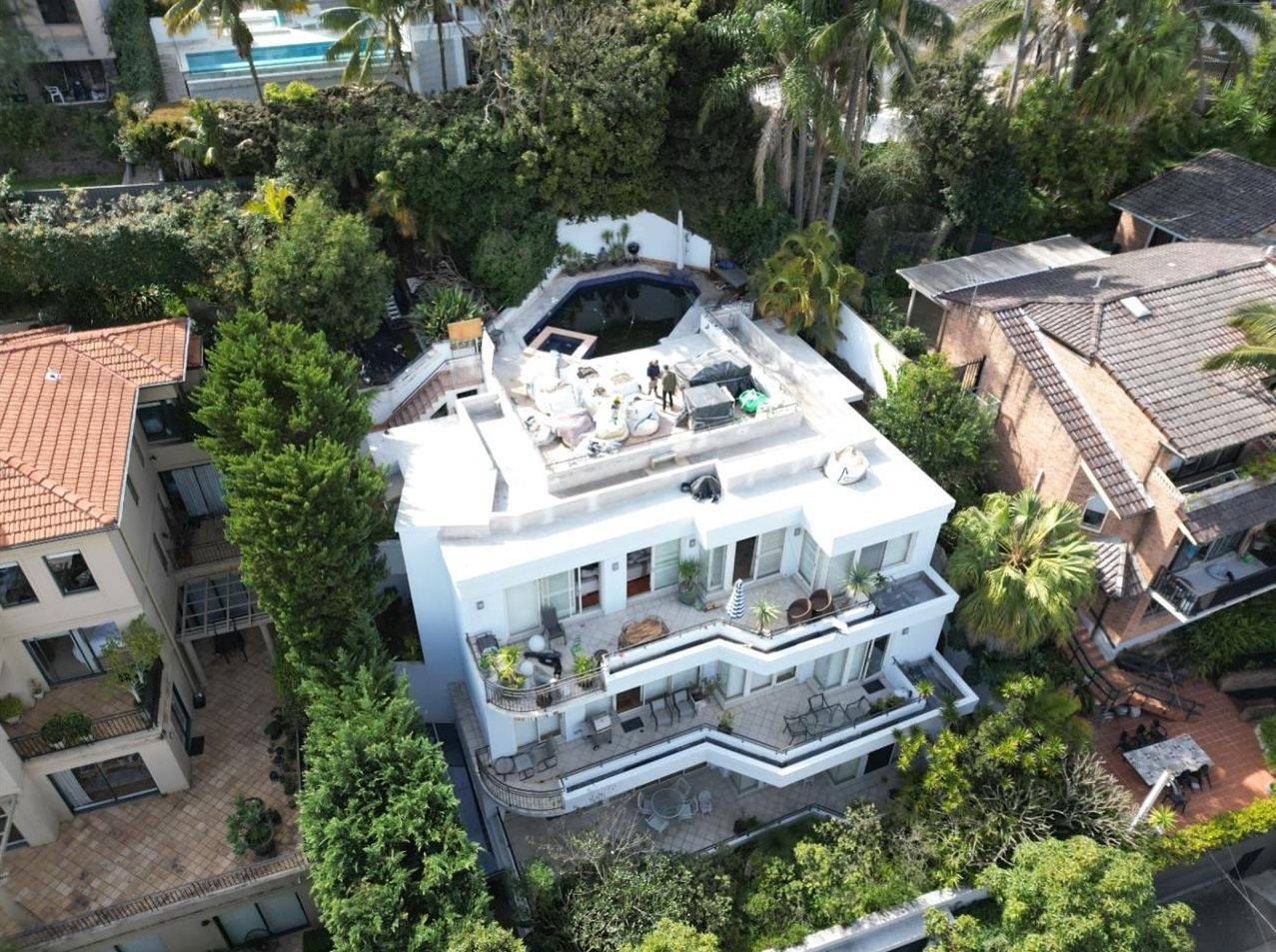 Aerial view of the Carlotta Road apartment building, Double Bay, with its rooftop pool and balconies